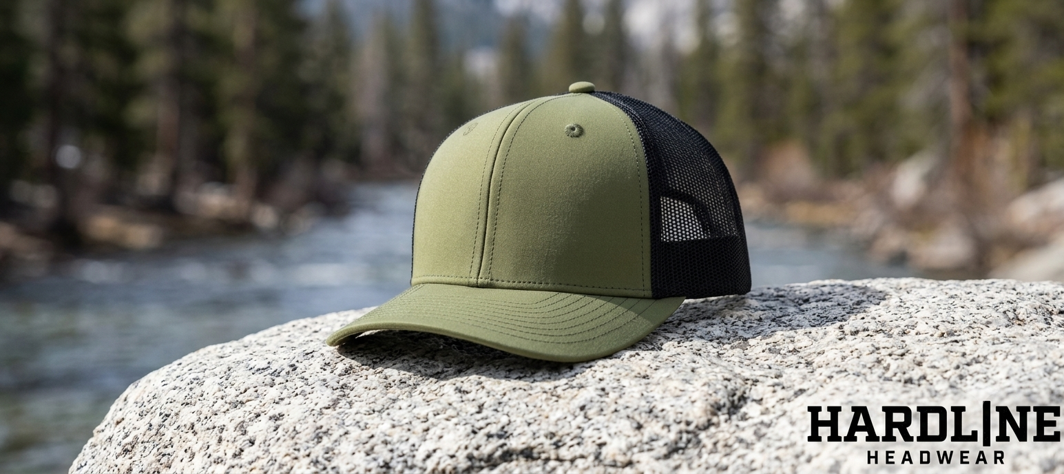 Hardline Headwear Classic 6-Panel Trucker Hat in Loden/Black